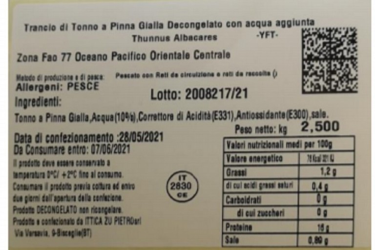 Etichetta indicante il lotto richiamato