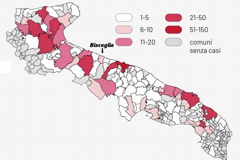 Mappa dei contagi in Puglia con l'indicazione rosa per Bisceglie
